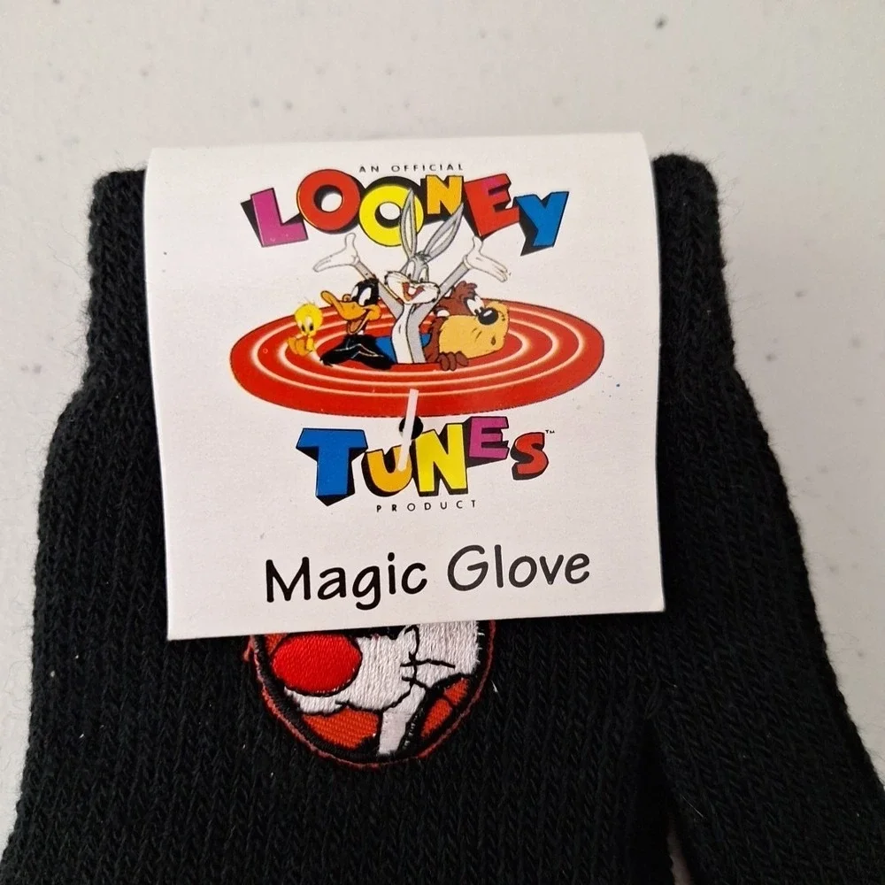 Vintage Sylvester Looney Tunes Knit Gloves Embroidered Black One Size NEW